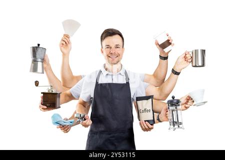 Barista with Multiple Arms Showing Different Coffee Brewing Equipment Isolated on White Stock Photo