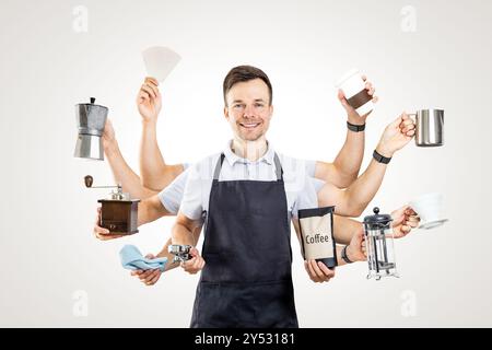 Barista with Multiple Arms Showing Different Coffee Brewing Equipment and Techniques Stock Photo