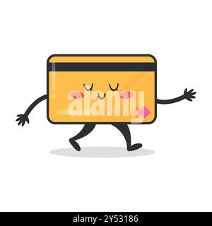 Cute cartoon credit card character is walking. Bank credit card walks. Vector illustration Stock Vector
