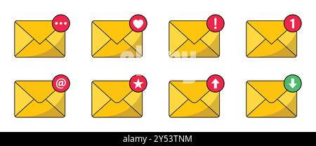 Mail vector icons. Notification message or email vector icon set. Envelope message icon collection. Incoming message notification vector illustration. Stock Vector