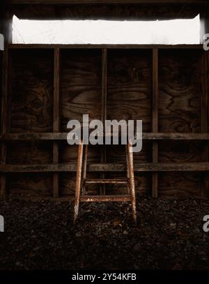 old rusty stool outside in abandoned wood building in the woods Stock Photo