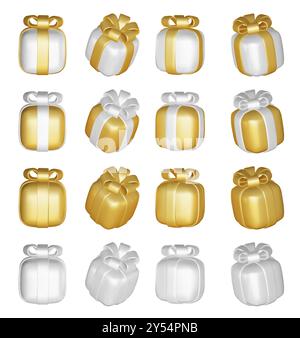 3d gift boxes set with yellow ribbon bow isolated on a white background. 3d render flying modern holiday closed surprise box. Realistic vector icon Stock Vector