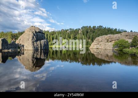 Sylvan Lake reflection, in Custer State Park, near Custer, South Dakota. Stock Photo