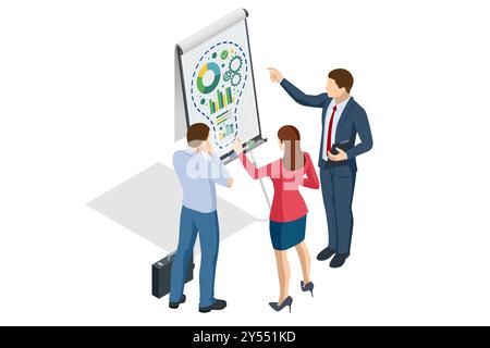 Isomtric business idea lights up like a bulb, becoming the foundation for a successful startup. With teamwork and brainstorming, success follows Stock Vector