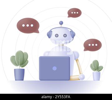 Artificial intelligence office robot operator with headset talks to customers. Call center, customer service, hotline, customer support concept. Vecto Stock Vector