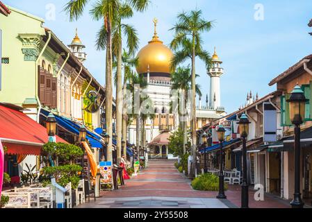 street view of Arab Street with Masjid Sultan located in the Kampong Glam neighborhood, Singapore Stock Photo