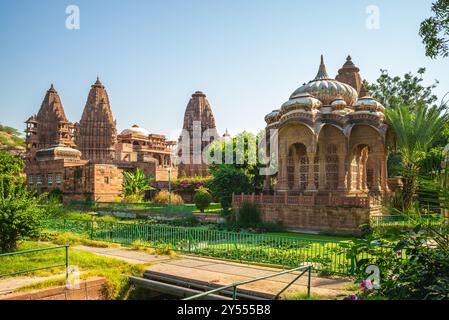 The Royal Cenotaph and temples in Mandore Garden near blue city, Jodhpur, Rajasthan, India Stock Photo