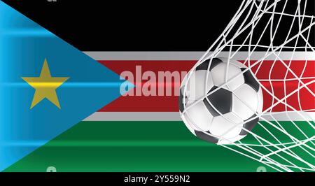 Soccer or Football ball in Goal Net Isolated on South Sudan Shaded Flag, Sports Accessory Equipment for Playing Game, Championship and Competition Stock Vector