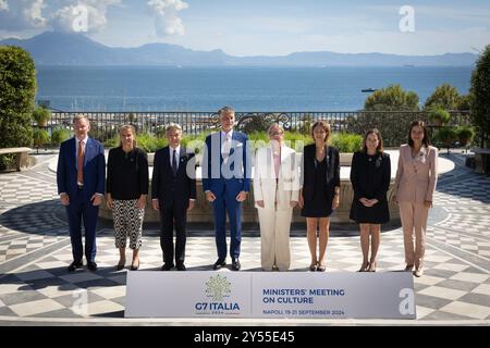 Naples Royal Palace September 20, 2024 Family photo of participants at the G7 Culture Summit taking place in Naples, Italy (L-R) Chris Bryant Mp minister for creative industries, arts and tourism of United Kingdom, Katja Keul minister of state for international cultural policy of Germany, Moriyama Masahito minister of education, culture, sports science and technology of Japan, Alessandro Giuli minister of culture of italy, Isabelle Mondou Deputy Minister of Canadian Heritage, ude Accary-Bonnery deputy secretary general of the ministry of culture of France, Lee Satterfield acting under secret Stock Photo