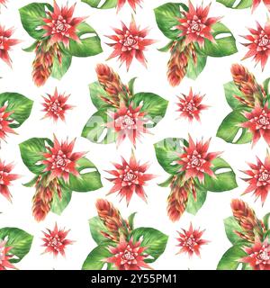 Tropical plant with flowers watercolor seamless pattern. Red buds, exotic leaves bouquet. Hawaiian summer floral clipart. Watercolor hand drawn Stock Photo