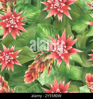 Tropical plant watercolor seamless pattern. Green leaves and red flowers summer fabric. Bromeliad buds, exotic jungle. Botanical realistic clipart Stock Photo