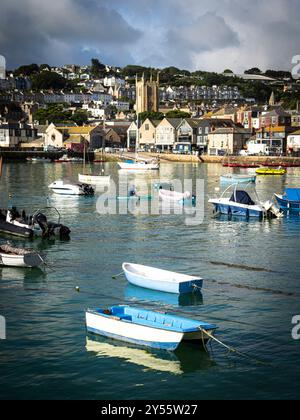 Boats in St Ives Harbour at Sunrise, St Ives, Cornwall, England, UK, GB. Stock Photo