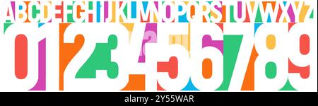 Vibrant multicolor typography, bold playful forms in numbers and letters negative space, geometric cutout font for child brands, fun packaging, lively Stock Vector