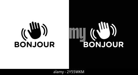 Bonjour text with hand wave icon linear logo mark set collection in black and white Stock Vector