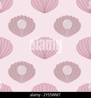Seamless vector pattern with seashell and pearl on powder pink background. Shellfish ornament. Vector illustration Stock Vector