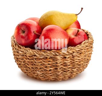 red apples yellow pears basket path isolated on white Stock Photo