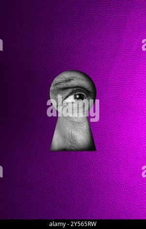 Vertical composite artwork collage image picture of man eye look keyhole isolated on creative background Stock Photo