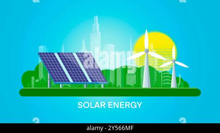 Renewable energy, solar panels and wind turbines generating electricity green energy renewable, clean electric energy from renewable sources sun, wind Stock Photo