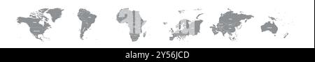 Set of six world continent maps in a row - North America, South America, Africa, Europe, Asia and Australia. Grey silhouette blank vector map Stock Vector