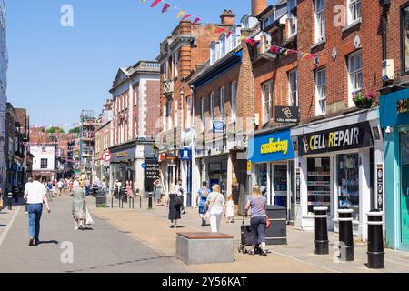 Busy High Street UK with people shopping in Winchester city centre Winchester UK Winchester Hampshire England UK GB Europe Stock Photo