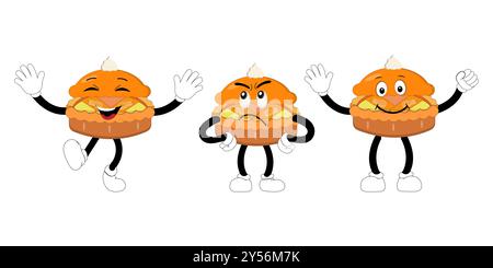 Cute happy funny character pumpkin pie set collection, cake cartoon mascot with different expressions. food vector illustration Stock Vector