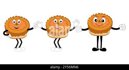 Cute happy funny character pumpkin pie set collection, cake cartoon mascot with different expressions. food vector illustration Stock Vector
