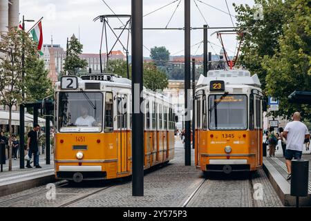 Budapest, Hungary - August 10, 2024: Traditional yellow tram in the center of Budapest Stock Photo