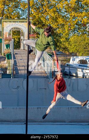 Circus show 'Ven' by the 'Si Seul company'. Amphitheater of the port of Colombiers. Show hosted as part of the stage in Herault. Occitanie, France Stock Photo