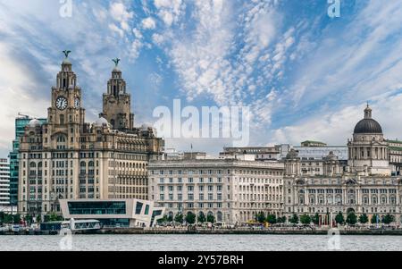 The Three Graces, Edwardian baroque style Port of Liverpool building, Cunard Building and Royal Liver building, Pier Head, Liverpool, England, UK Stock Photo