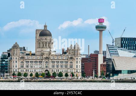 St John's Beacon Radio City observation tower and grand domed Port of Liverpool building, Pier Head riverside, Liverpool, England, UK Stock Photo