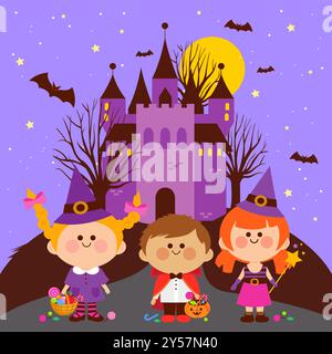 Halloween trick or teat children at a haunted castle. Spooky cartoon Halloween monster kids, vampires and witches. Costume party. Stock Photo