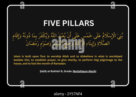 Calligraphy Islamic Hadees, Islamic Hadith, FIVE PILLARS of Islam, Translation; Islam is built upon five to worship Allah and to disbelieve in what is Stock Vector