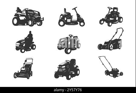 Riding mower silhouette, Riding mower vectors, Lawn mower set, Lawn mower silhouette,  Riding mower bundle, Riding mower vector set Stock Vector