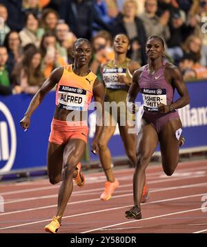 Saint Lucia and Dina Asher-Smith of Great Britain competing in the women 100m at the Memorial Van Damme Diamond League athletics finals at the King Ba Stock Photo