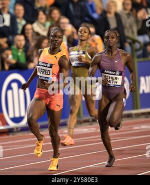 Saint Lucia and Dina Asher-Smith of Great Britain competing in the women 100m at the Memorial Van Damme Diamond League athletics finals at the King Ba Stock Photo