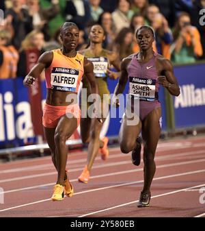 Saint Lucia and Dina Asher-Smith of Great Britain competing in the women 100m at the Memorial Van Damme Diamond League athletics finals at the King Ba Stock Photo