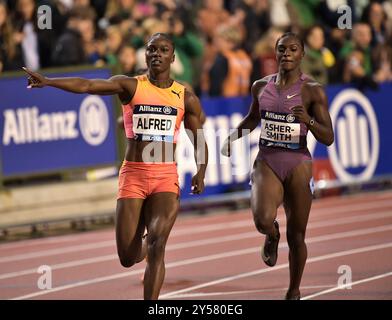 Saint Lucia and Dina Asher-Smith of Great Britain competing in the women 100m at the Memorial Van Damme Diamond League athletics finals at the King Ba Stock Photo