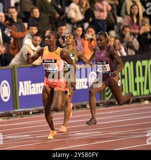 Saint Lucia and Dina Asher-Smith of Great Britain competing in the women 100m at the Memorial Van Damme Diamond League athletics finals at the King Ba Stock Photo