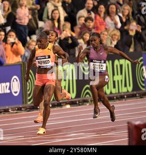 Julien Alfred of Saint Lucia and Dina Asher-Smith of Great Britain competing in the women 100m at the Memorial Van Damme Diamond League athletics fina Stock Photo