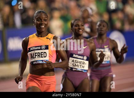 Saint Lucia and Dina Asher-Smith of Great Britain competing in the women 100m at the Memorial Van Damme Diamond League athletics finals at the King Ba Stock Photo