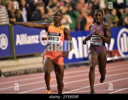 Saint Lucia and Dina Asher-Smith of Great Britain competing in the women 100m at the Memorial Van Damme Diamond League athletics finals at the King Ba Stock Photo