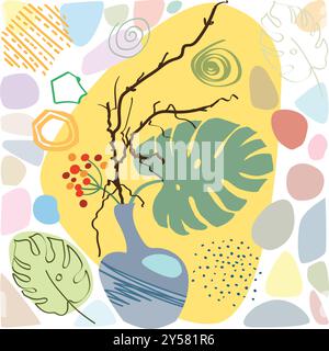 Seamless abstract with vases. Trendy still life collage with pot, plant and vase. Hand drawn minimalist shape vector set. Illustration pot with flower Stock Vector