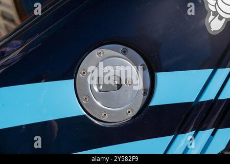 Lancia Delta Integrale, details petrol entrance sparco, a car that represents a masterpiece of Italian engineering and design. turin, italy september Stock Photo