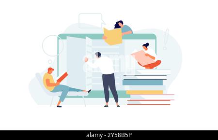 Library online. Reading people distance learning and courses. Vector illustration Stock Vector