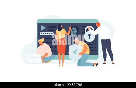 People work with data protection and internet security. Confidentiality, private information and identification concept vector illustration Stock Vector