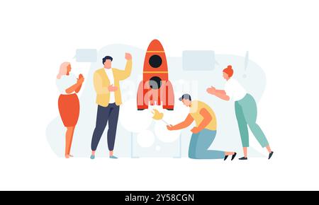 Business people team launching a rocket. Successful startup concept vector characters Stock Vector