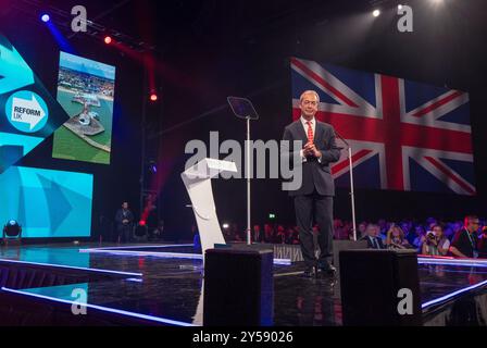Birmingham, UK. 20th Sep, 2024. Nigel Farage leaders speech REFORM UK. The speech ended with fireworks and cheering crowds . CONFERENCE 2024 CONFERENCE . Birmingham UK. Credit: GaryRobertsphotography/Alamy Live News Stock Photo