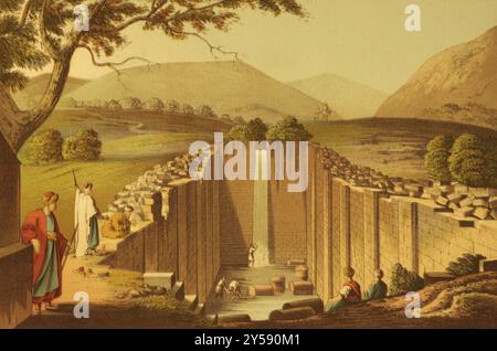 Fountain of Siloam on engraving from the 1800s by Luigi Mayer. A freshwater reservoir that was a major gathering place for ancient Jews making religio Stock Photo