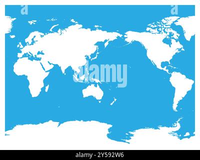 Australia and Pacific Ocean centered world map. High detail white silhouette on blue background. Vector illustration. Stock Vector