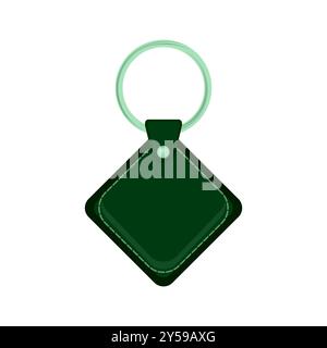 leather holder trinket, pink keychain for key. Metal ring. Label of green fob for car or office. Keyring isolated on white background. Blank accessory Stock Photo